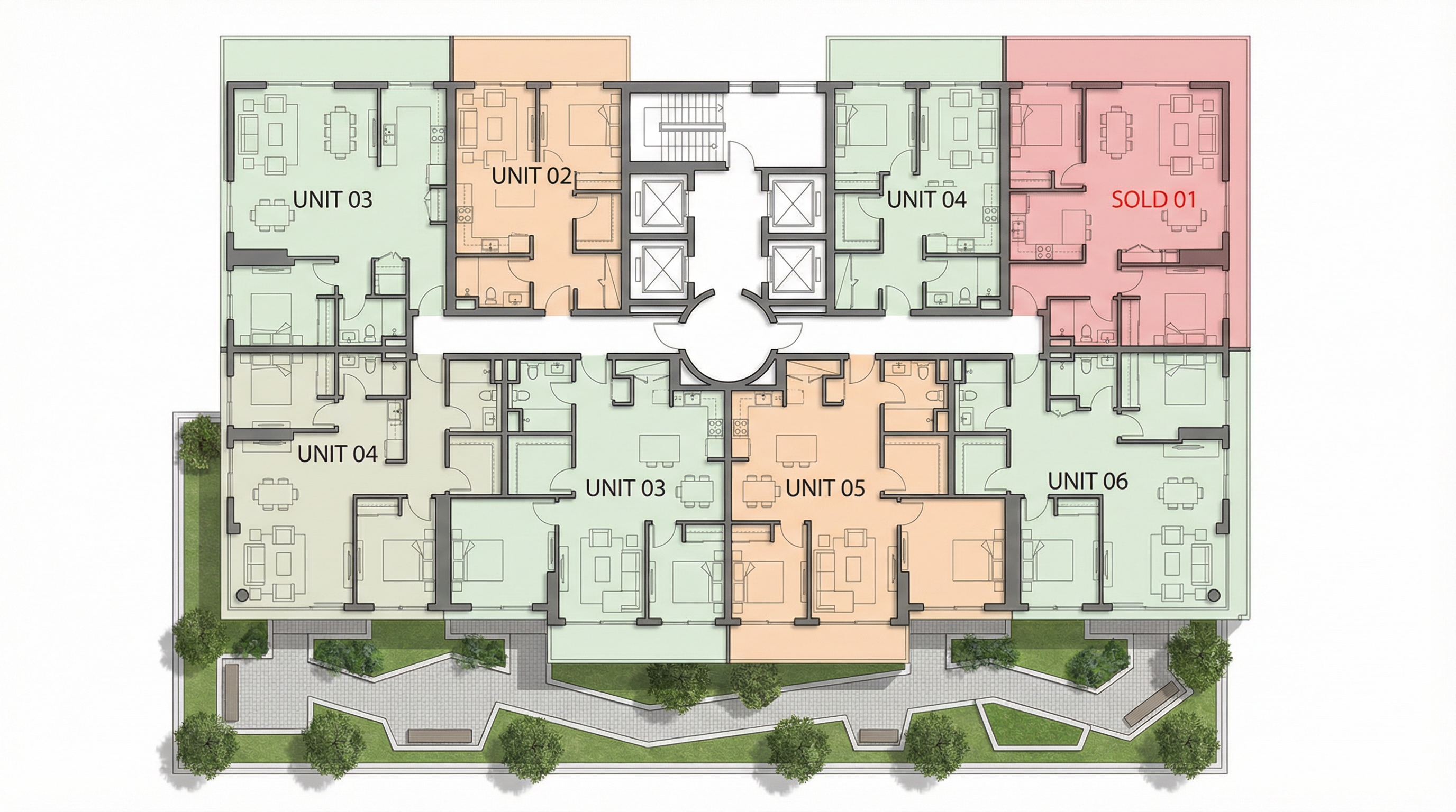 Interactive floor plan with color-coded units